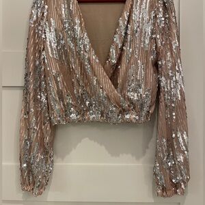 Glamorous Sequin Wrap Blouse in Silver and Tan